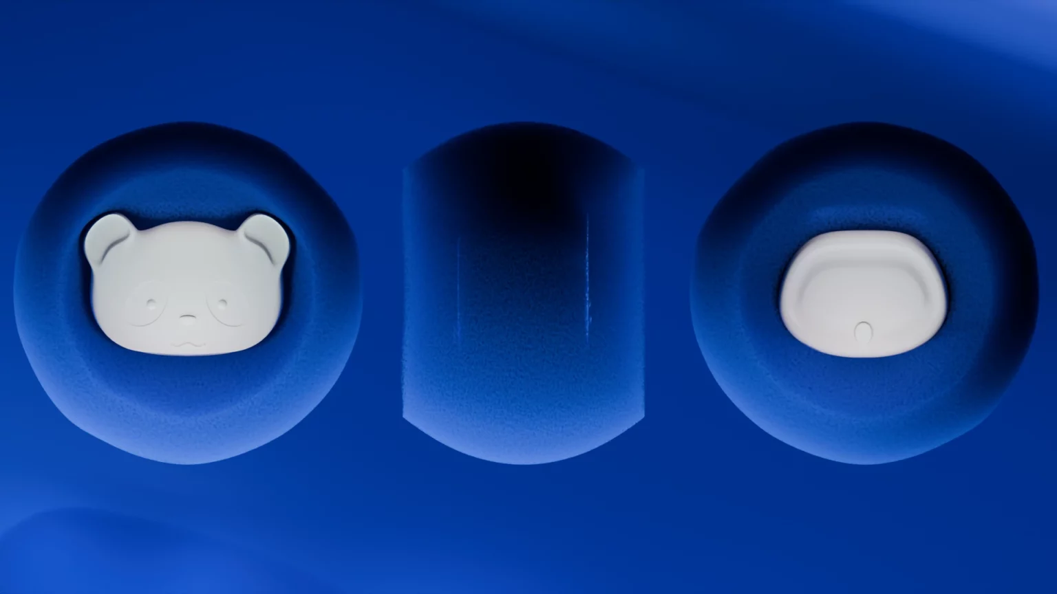 Vue orthographique de l'éponge panda, vue de face, de coté et d'arrière