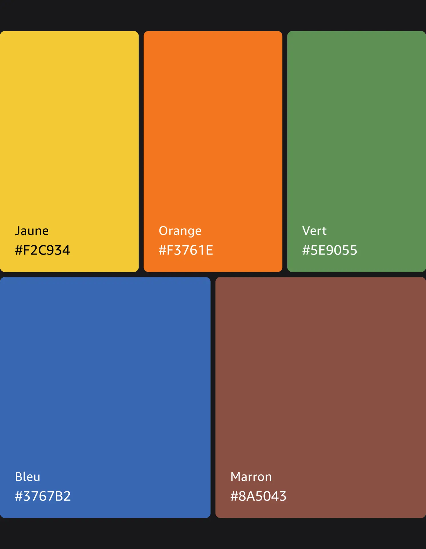 Jaune, Orange, Vert, Bleu, Marron,