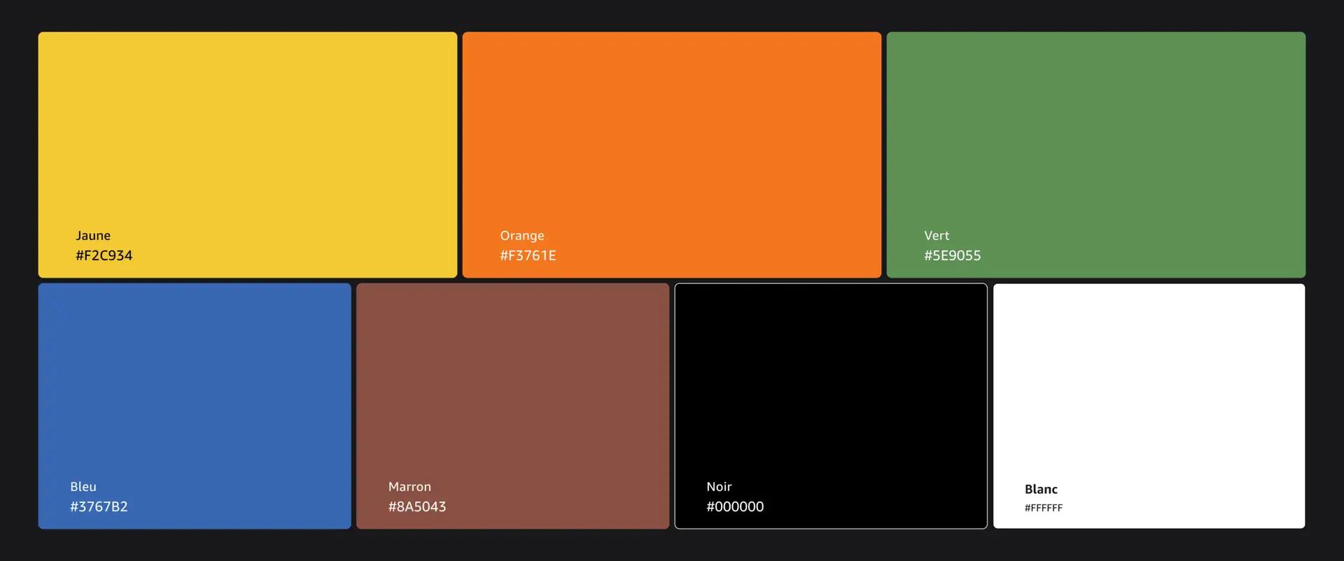 Jaune, Orange, Vert, Bleu, Marron, Noir, Blanc